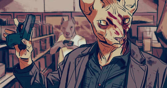 Anthro cat holding a gun with a dog in the background