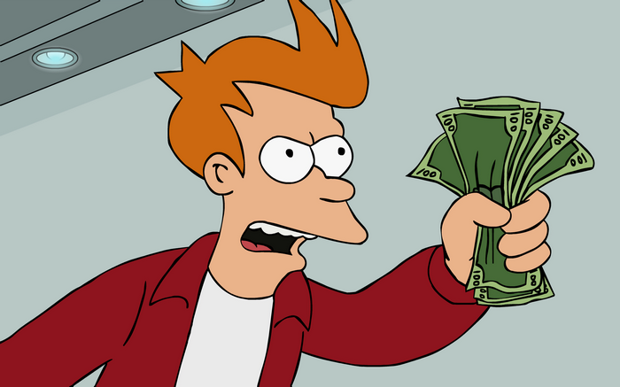 Philip J. Fry holding a fan of money