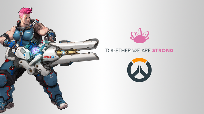 Zarya from Overwatch with logos and text