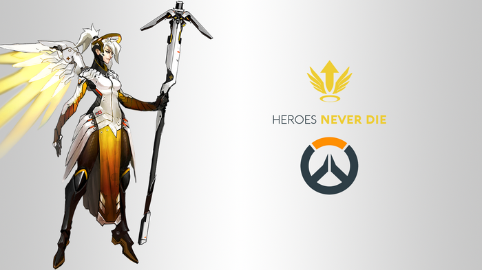 Overwatch Mercy with Heroes Never Die logo