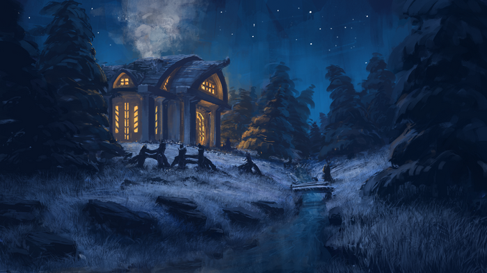 Cozy cabin in a snowy forest at night
