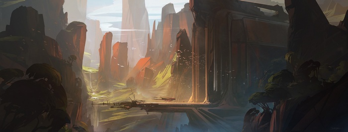 Science fiction landscape with futuristic structures and flying vehicles