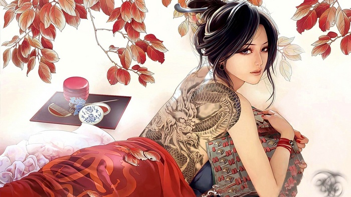 Anime girl with dragon tattoo and Japanese clothing