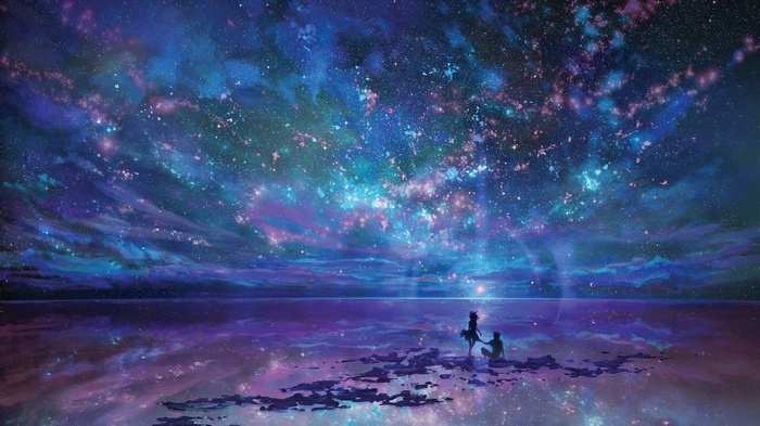 Fantasy art of a couple under a starry sky