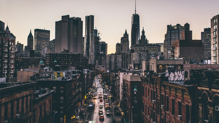 New York City Manhattan cityscape with skyscrapers and street