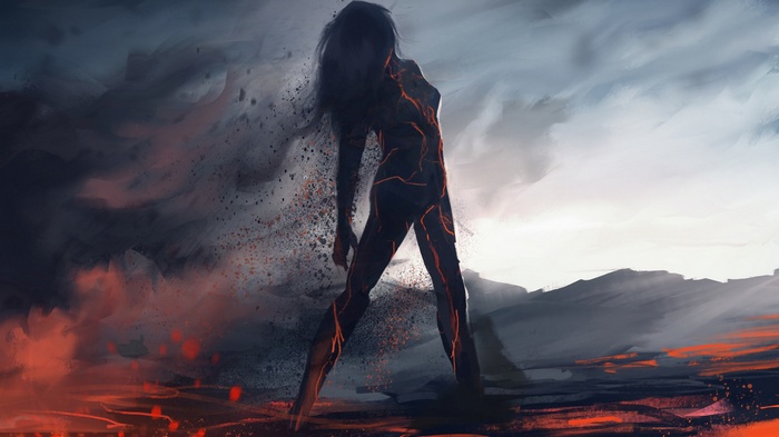 Woman dissolving into lava and smoke