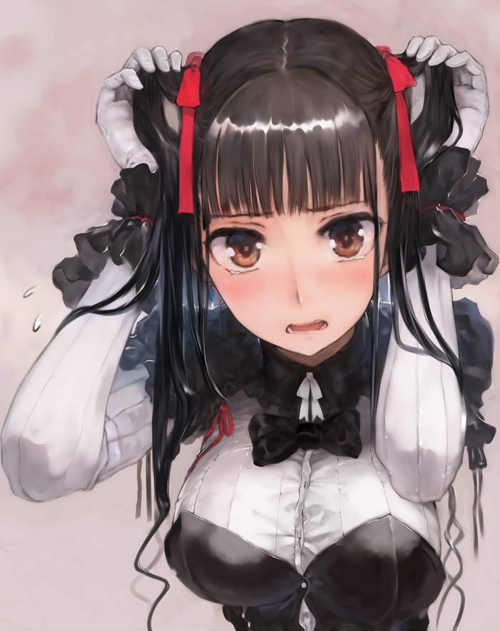 Anime girl with black hair and red ribbons