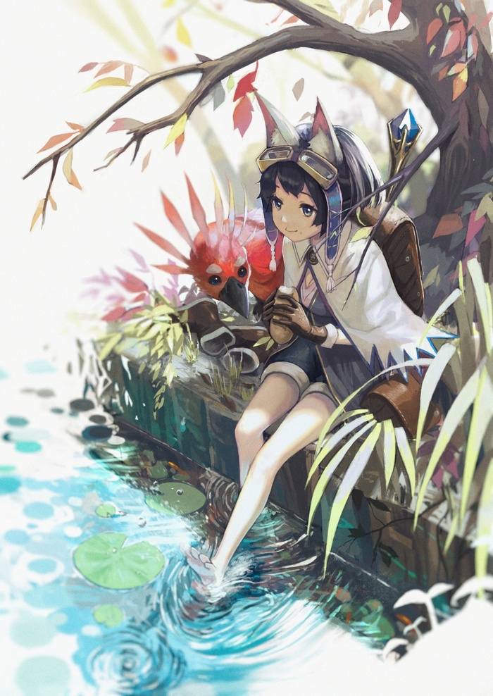 Fantasy girl with animal ears and bird by a lake