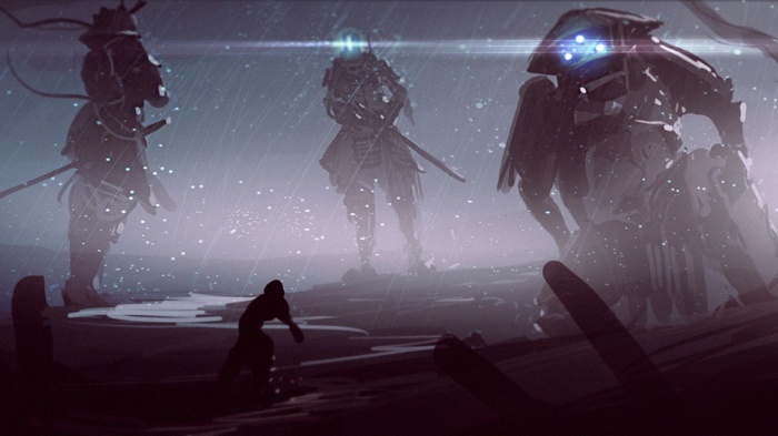 Three samurai robots stand in the rain, facing a lone figure