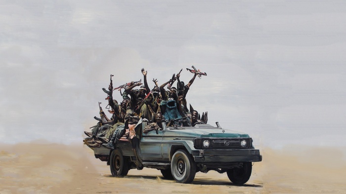 Cookie Monster and armed figures in a vehicle
