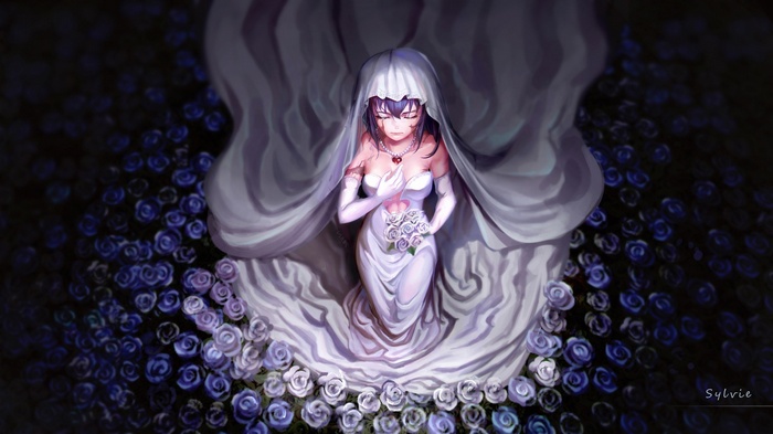 Anime girl in wedding dress surrounded by roses