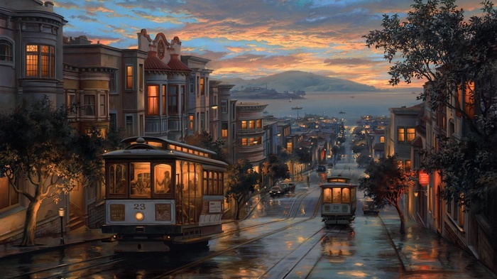 San Francisco cable cars at sunset
