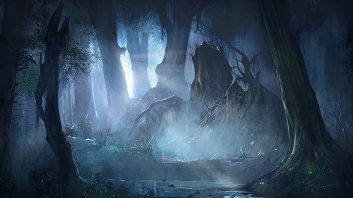 Fantasy art of a dark, misty forest
