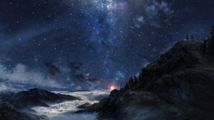 Mountains under a starry sky with a distant sun