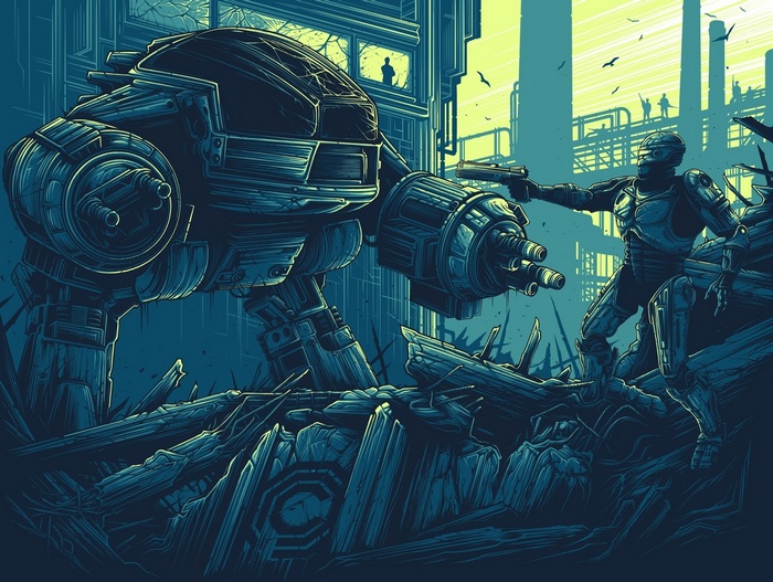 RoboCop fights ED-209 in a ruined industrial city