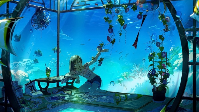 Anime girl in an underwater room with plants and fish