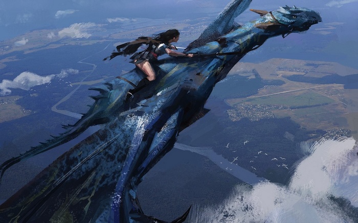 Girl riding a blue dragon over land