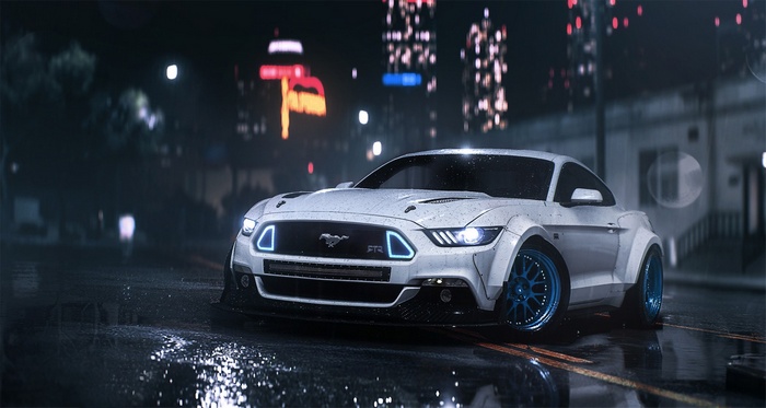White Ford Mustang RTR on a wet street at night