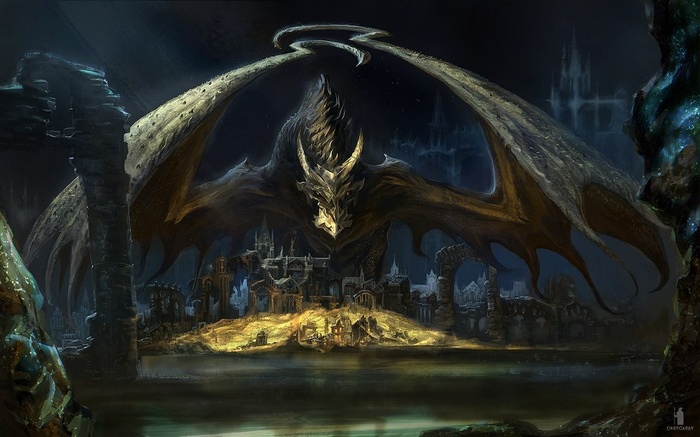 A dragon guards a treasure hoard in a dark fantasy landscape