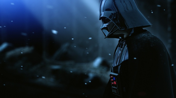 Darth Vader in a dark, snowy environment
