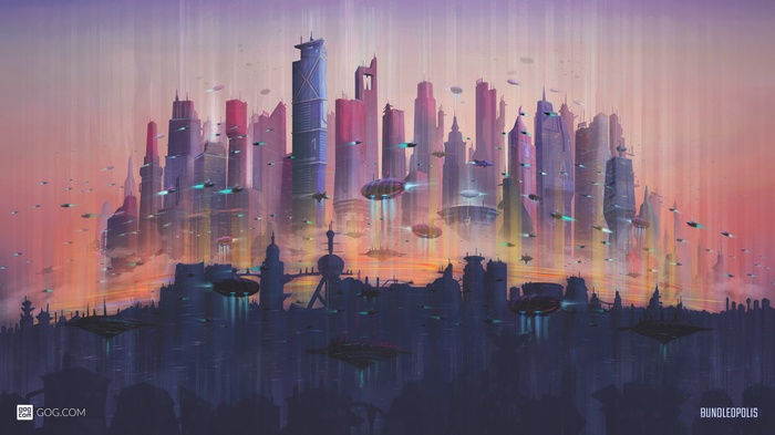 Futuristic cityscape with flying vehicles and GOG.com logo
