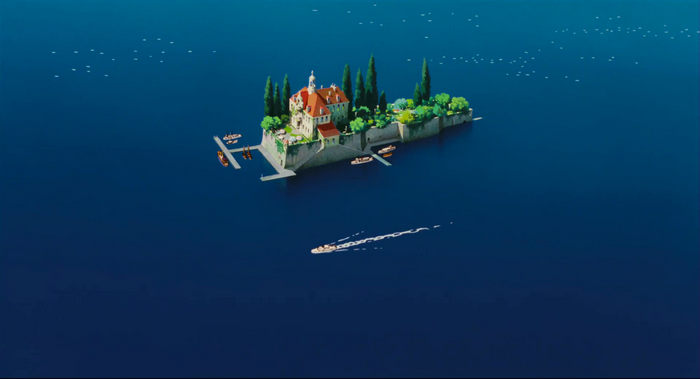 Island mansion with boats in the sea, Porco Rosso