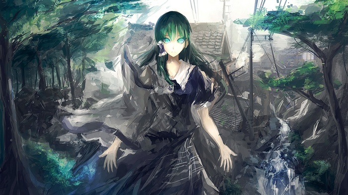 Kochiya Sanae in a ruined forest with a waterfall