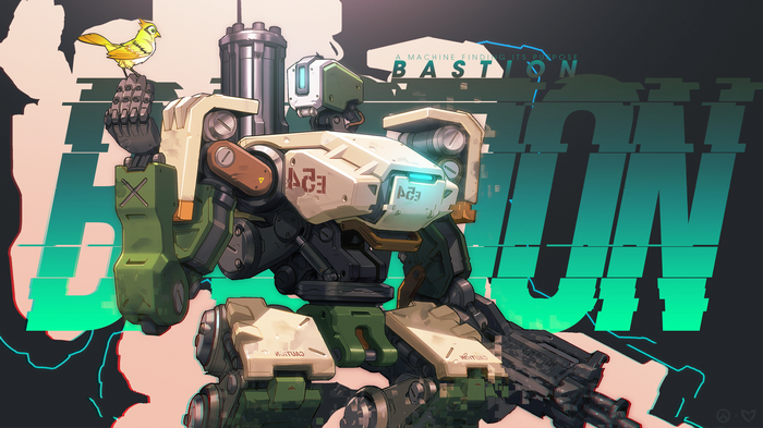 Bastion from Overwatch with a bird on its hand