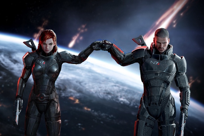 Commander Shepard and Femshep fist bumping in space