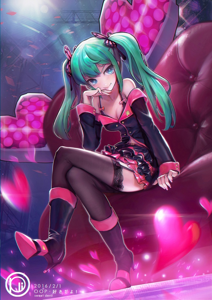 Hatsune Miku sitting on a chair with hearts