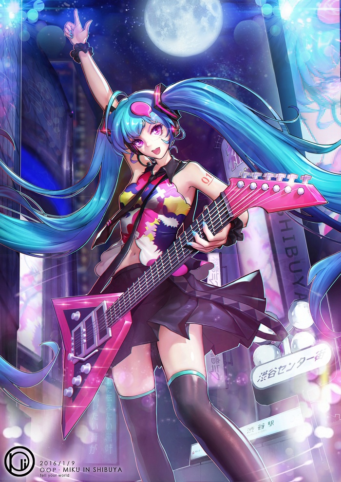 Hatsune Miku playing guitar in Shibuya