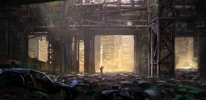 Apocalyptic artwork of a ruined city with a lone figure