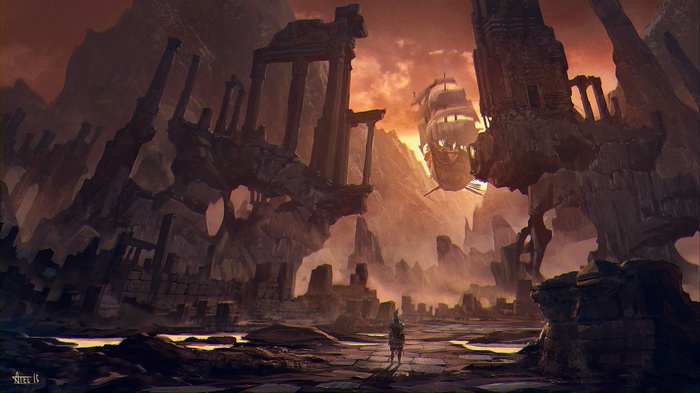 Fantasy ruins with a flying ship and a lone figure