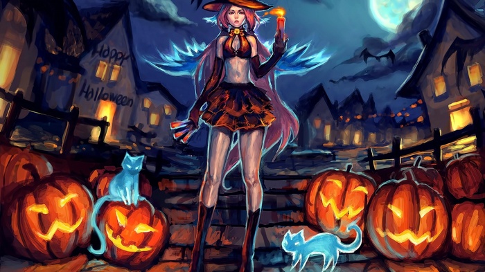 Anime witch with candle and pumpkins on Halloween night