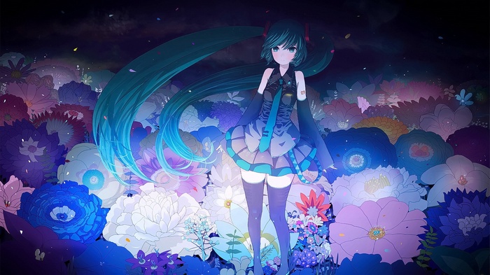 Hatsune Miku standing in a field of colorful flowers