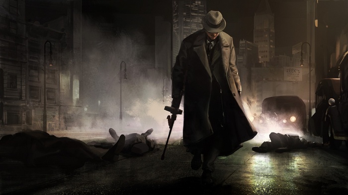 Man in trench coat walks past bodies on a foggy street