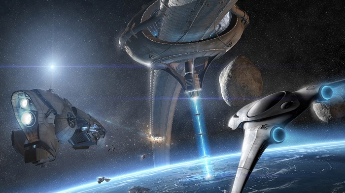 Spaceships near a space station above Earth