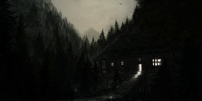 A dark cabin in a rainy mountain forest