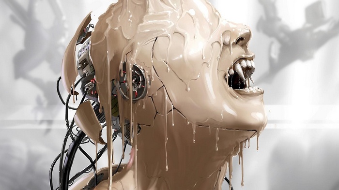 Robot head with fangs and dripping substance