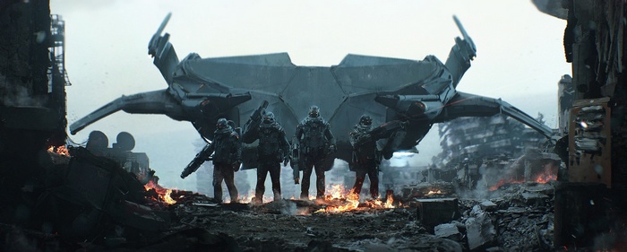 Soldiers stand in front of a futuristic aircraft in a destroyed city