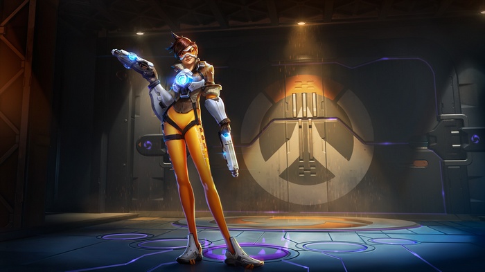 Tracer from Overwatch holding guns