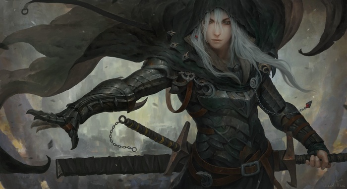 Fantasy warrior with white hair and dark armor