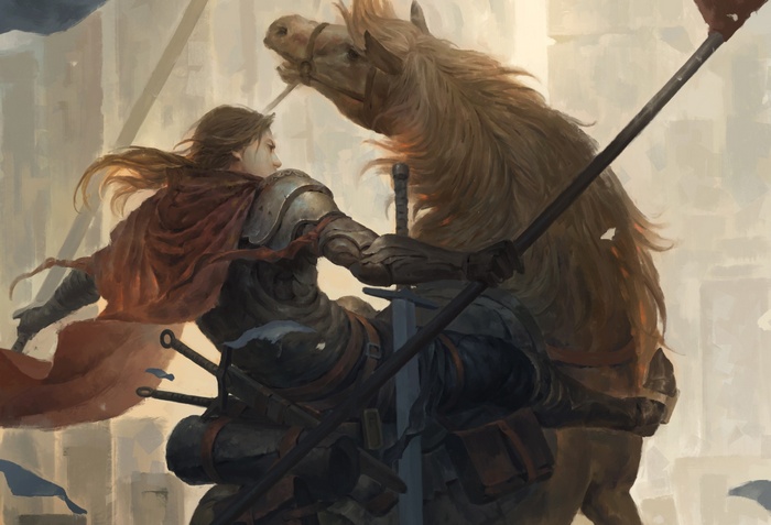 Lee Kent on horseback with a lance