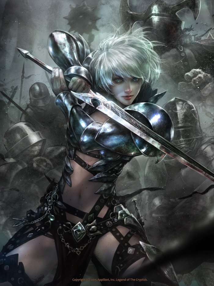 Female warrior in armor with sword in battle