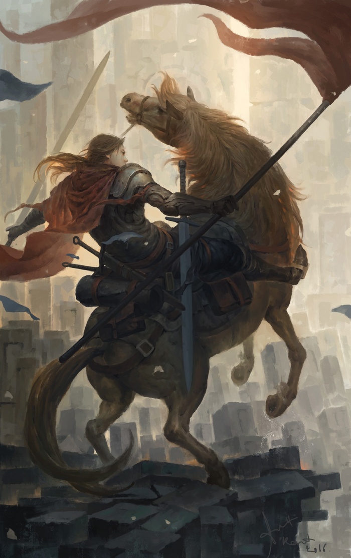 Warrior on horseback with banner and sword