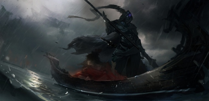 Fantasy art of a grim figure in a boat