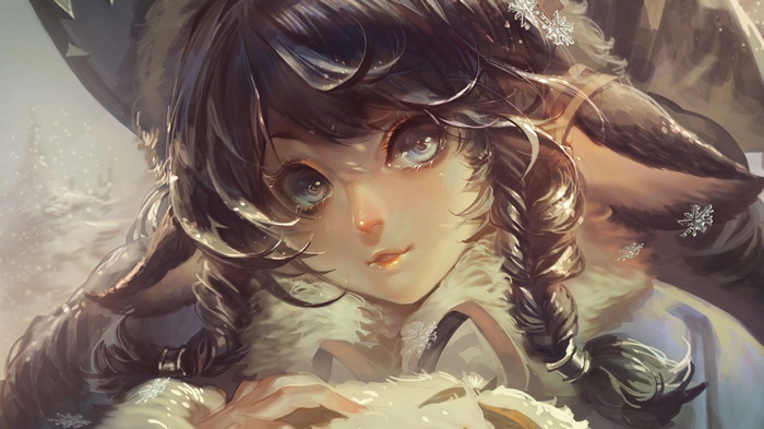 Fantasy art of a girl with animal ears and snowflakes