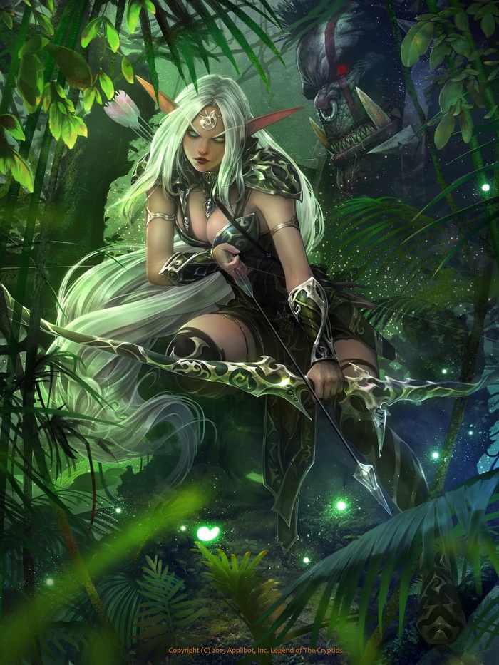 Elf archer with bow and arrow in a jungle