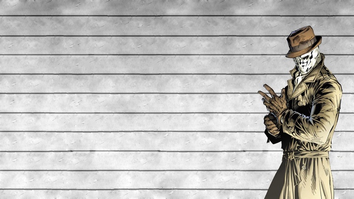 Rorschach from Watchmen standing against a lined background