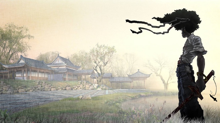 Afro Samurai standing in a misty Japanese garden